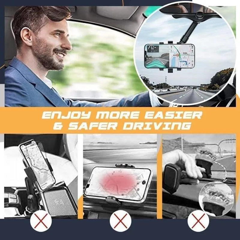 Black rearview mirror phone holder with rotating head and telescopic arm mounted on a car mirror.