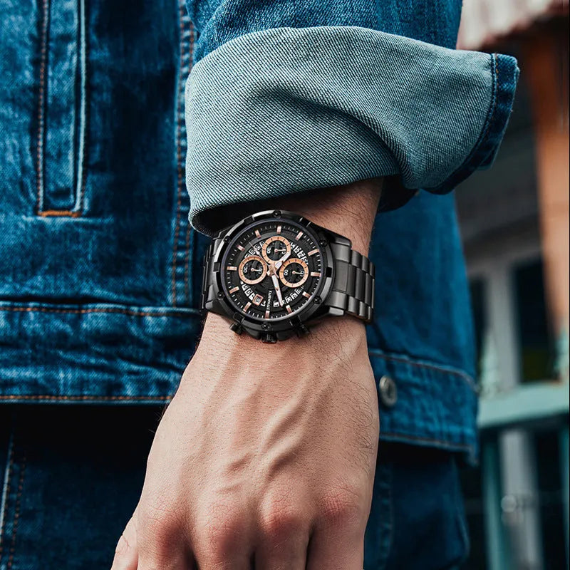Men's waterproof luminous quartz watch with steel belt in black and blue, black and gold, or silver and white colour options