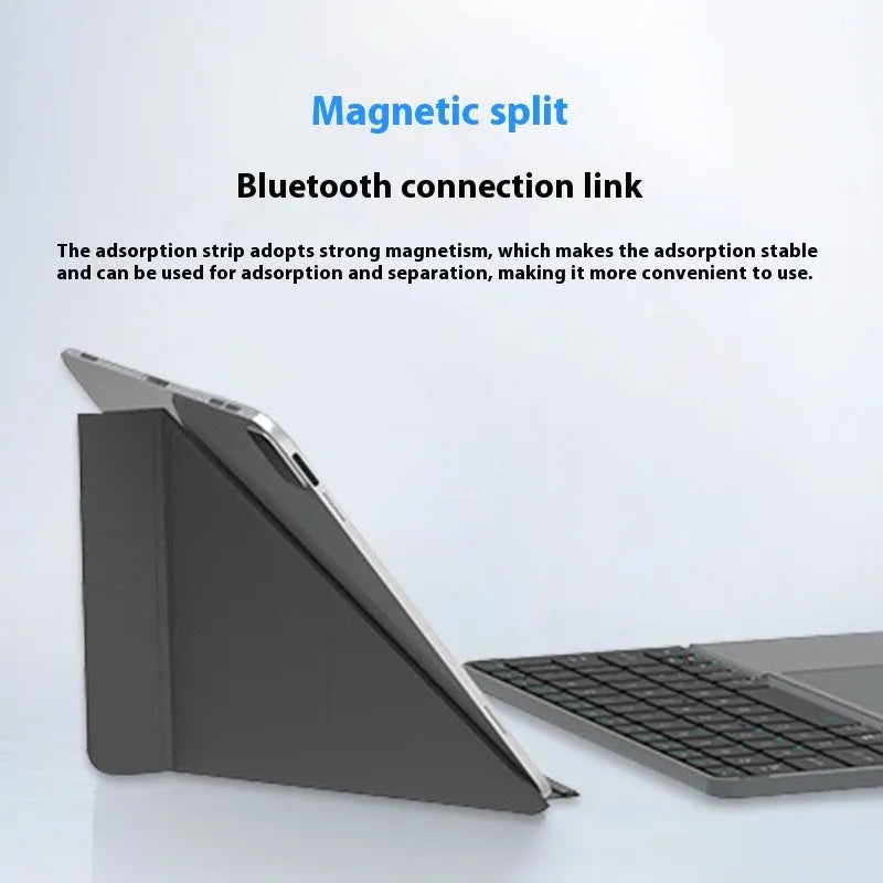 Grey aluminium Bluetooth folding keyboard for mobile phones and tablets, shown in open and closed positions.