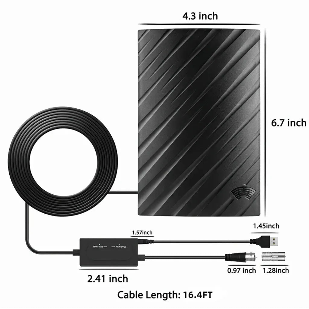 Black plastic digital television antenna with mounting hardware including expansion tubes and cable ties