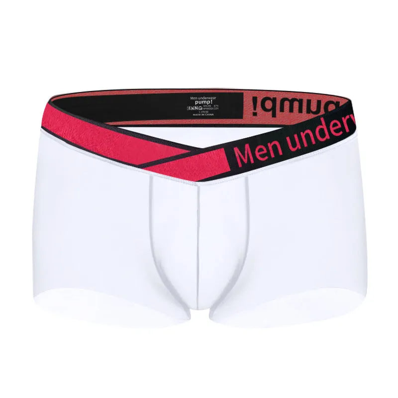Men's low waist laser gradient underwear in black, red, and white colours with seamless construction