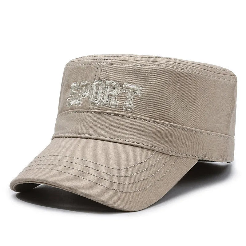 Men's flat-top peaked cotton cap in army green colour with an adjustable strap.