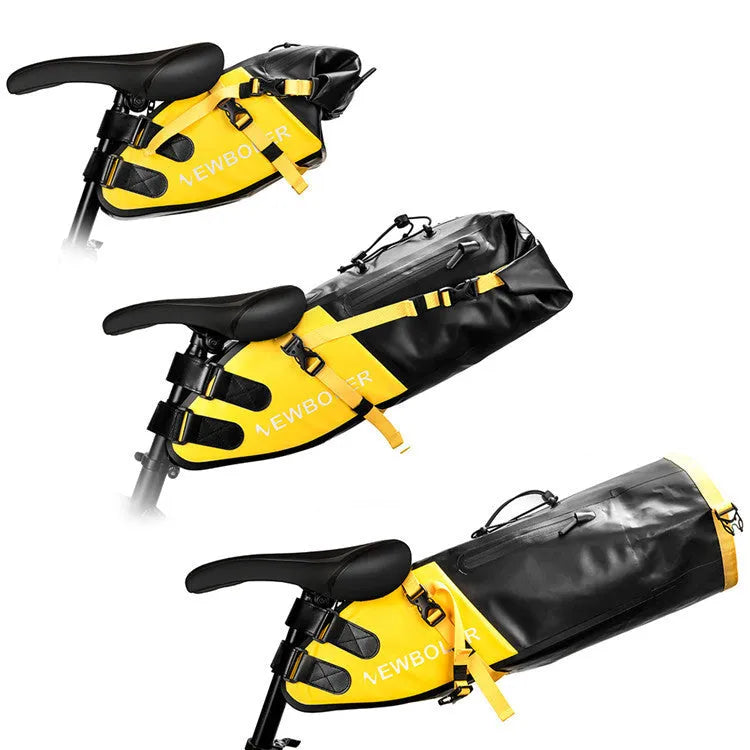 Waterproof black PVC bicycle tail bag mounted on bike rear with 13L capacity for cycling storage