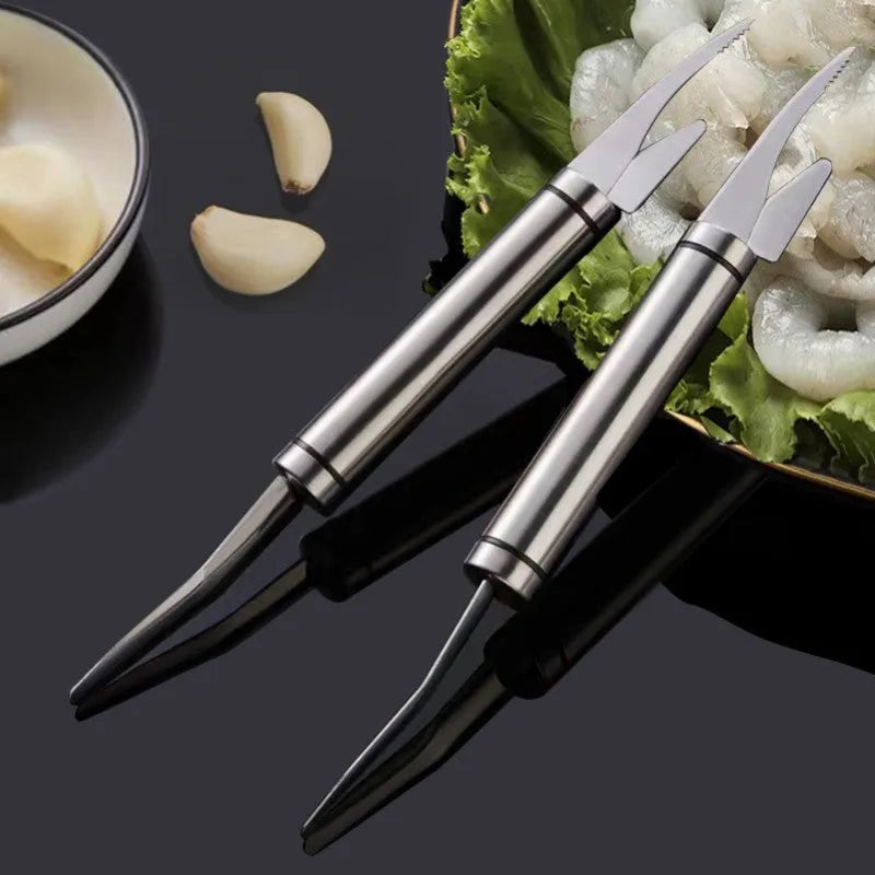 Multifunctional stainless steel shrimp remover with eagle-beak design and double row of blades on a clean surface
