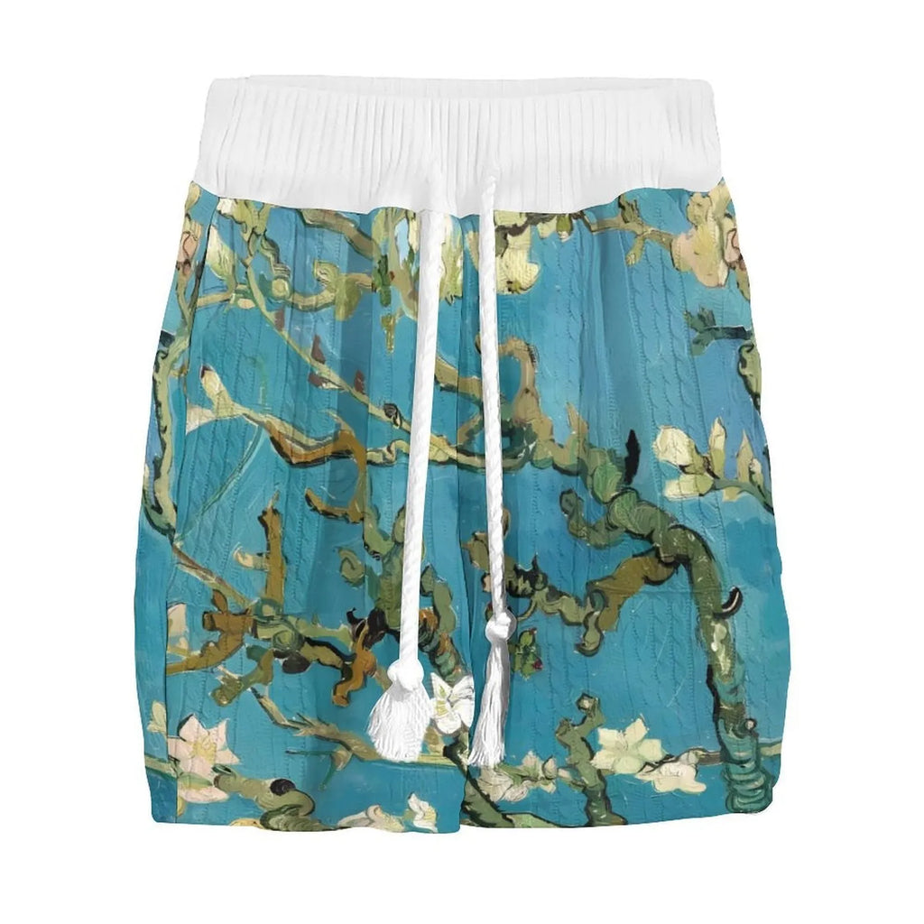 Peacock blue men's 3D printed knitted casual shorts suit with T-shirt style top and mid-length trousers