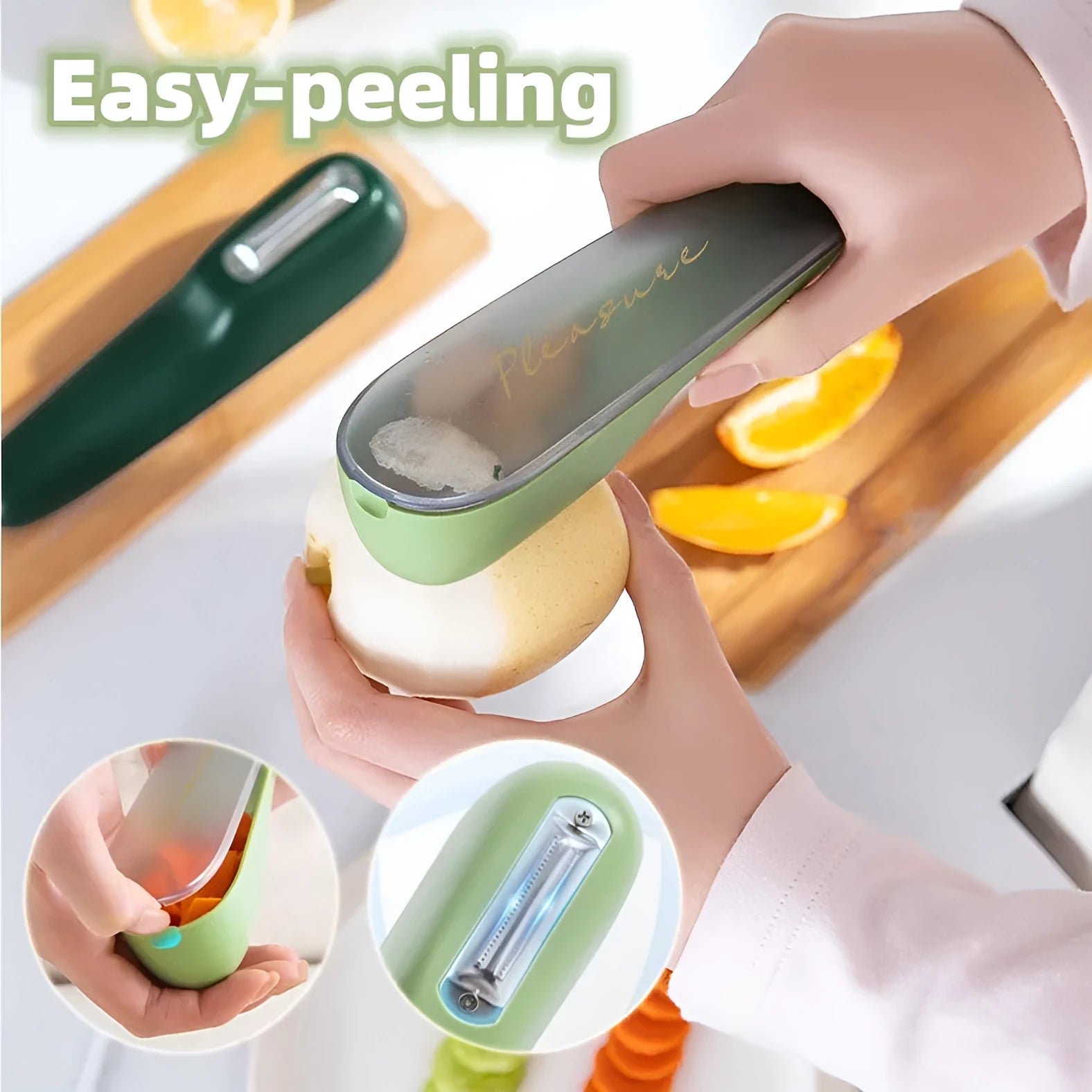 Dark green vegetable peeler with a storage tube and a stainless steel blade on a kitchen worktop.