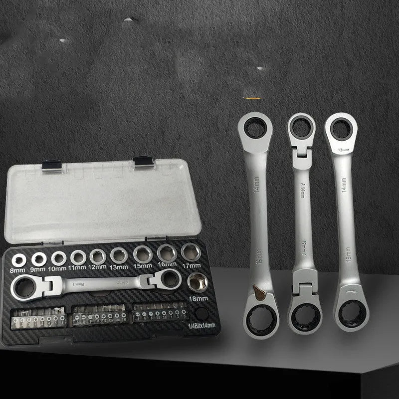 Dual-purpose ratchet wrench set with sockets and batch heads on grey background