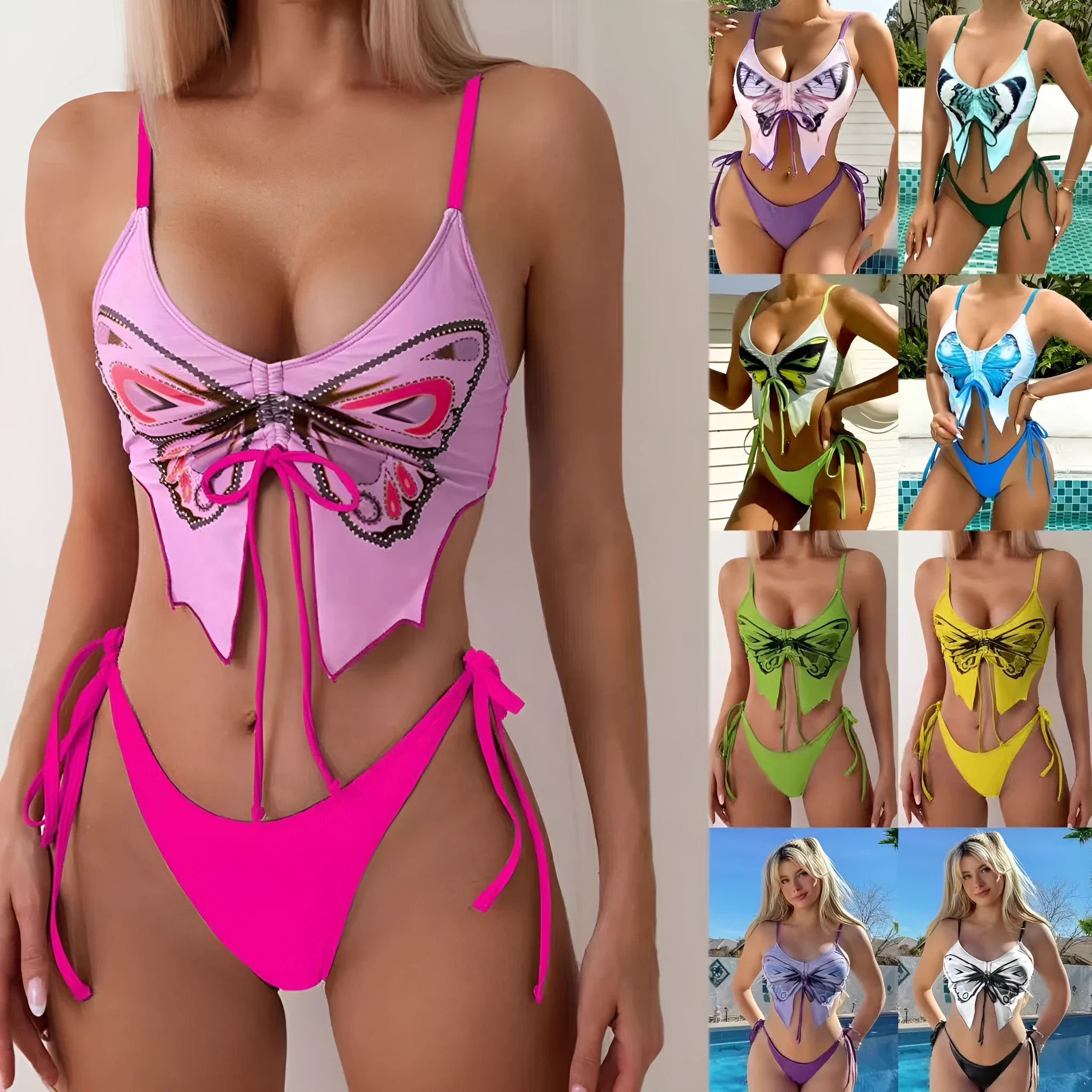 Women's bow-ins style bikini swimsuit with split-leg briefs in multiple colour options