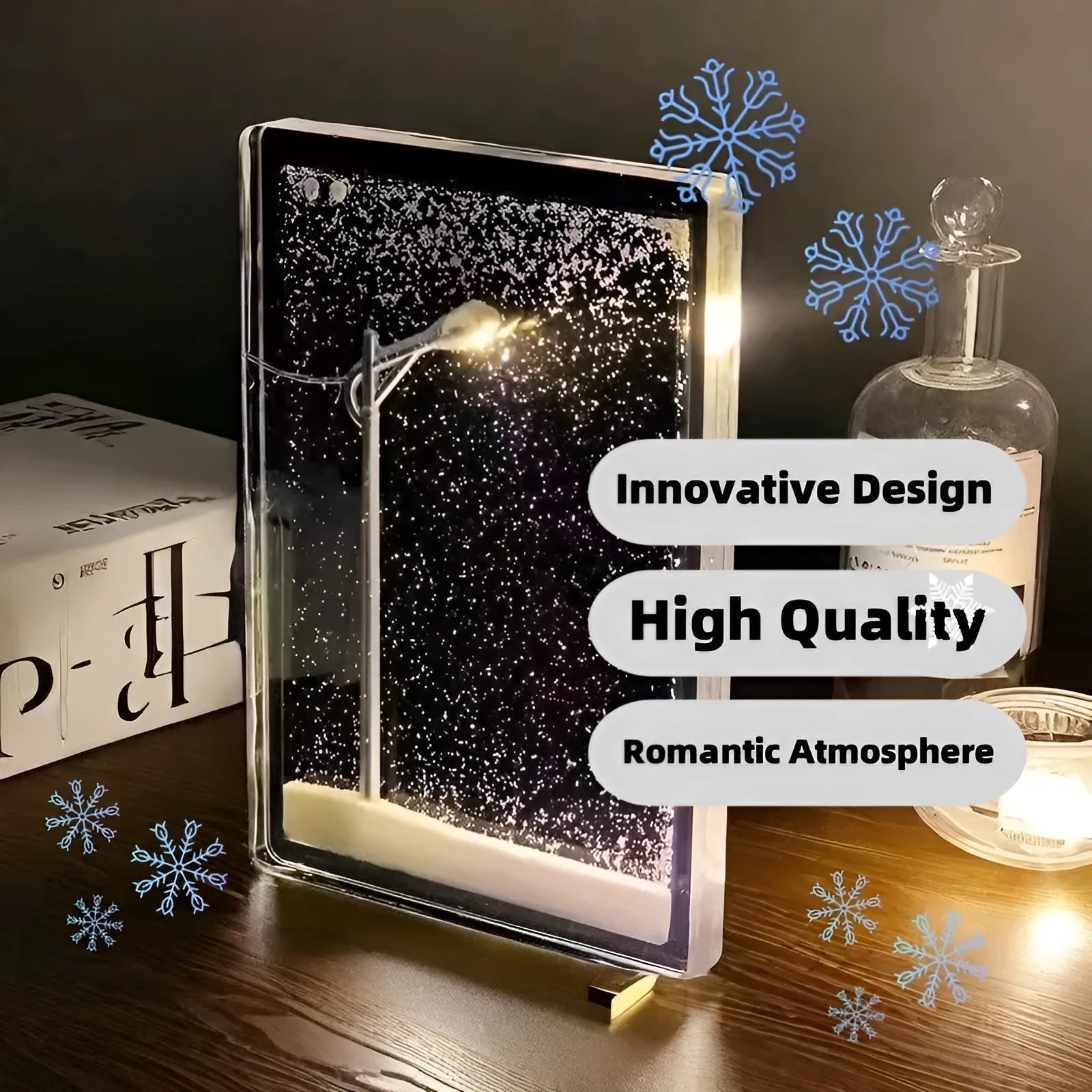 DIY snowy night light kit with snowflake design and Christmas decor elements