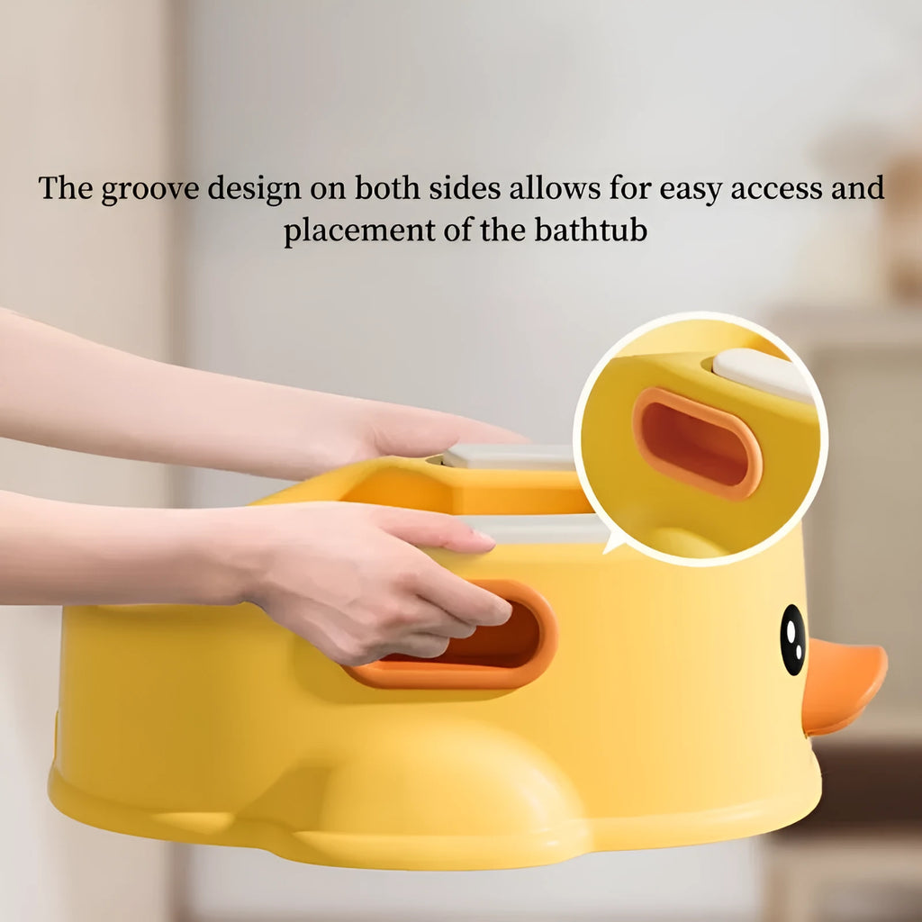 Blue PVC duck-shaped bathtub for dogs and cats on a white background