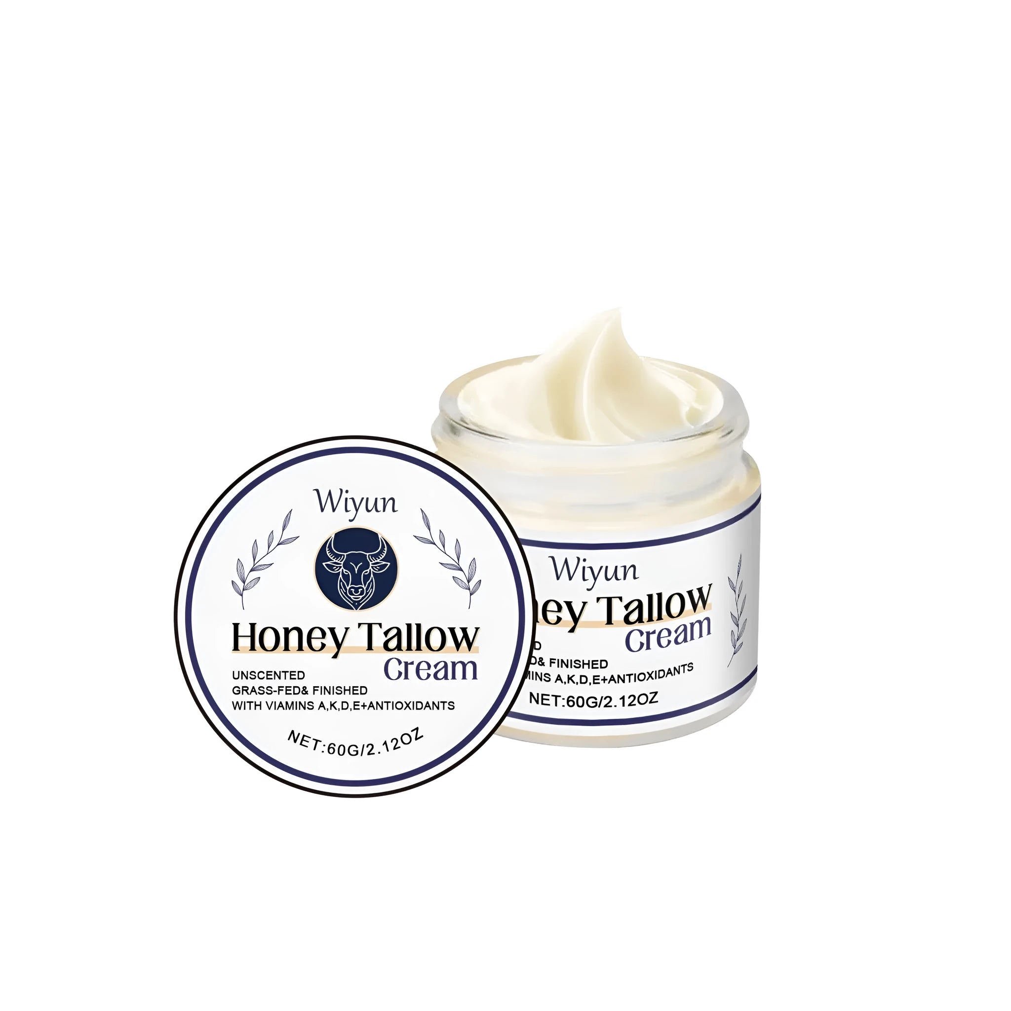 60g jar of cow fat moisturising cream with natural tallow and vitamins A K D E