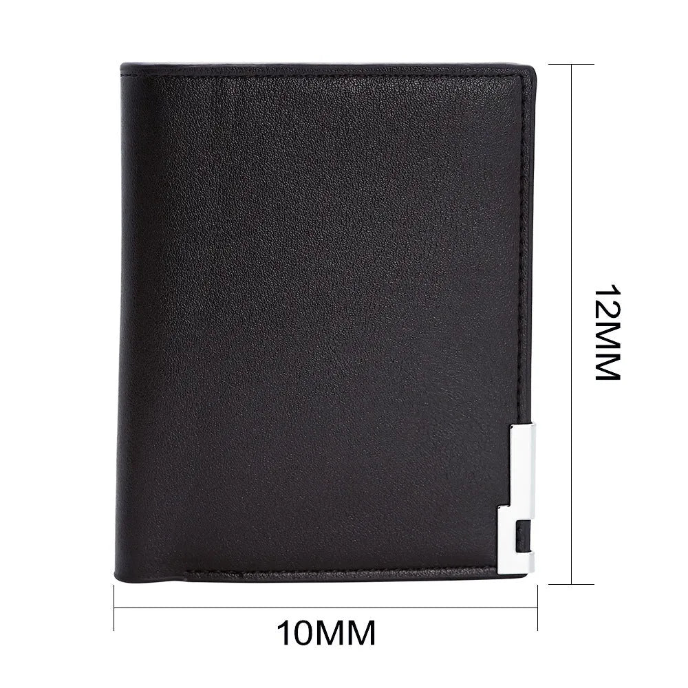 Men's brown leather wallet with a silver zip and seven visible card slots.