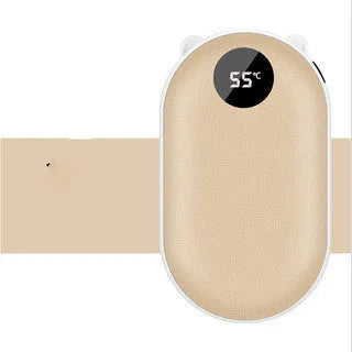 Rechargeable mini hand warmer and power bank device showing compact design with USB port and digital display