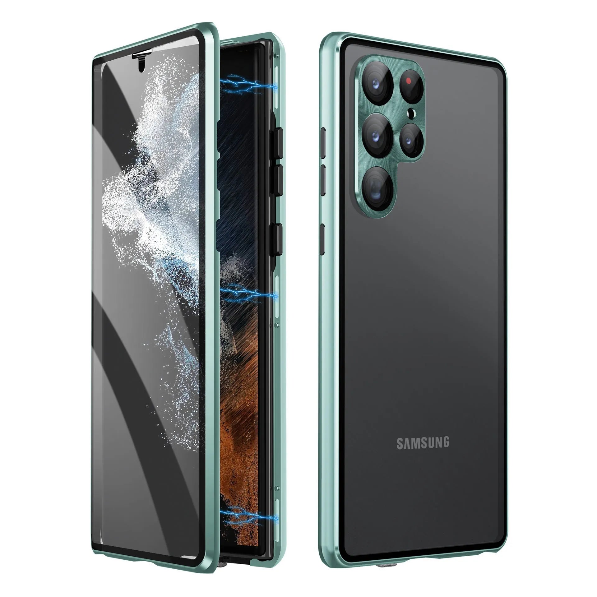 Metal magnetic phone case with peep-proof mirror for Samsung S24 Ultra in black colour.