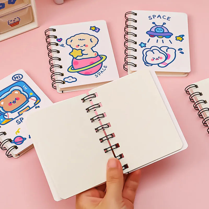 Astronaut-themed portable pocket flipper notebook showing 10.5x8cm size and cover design options