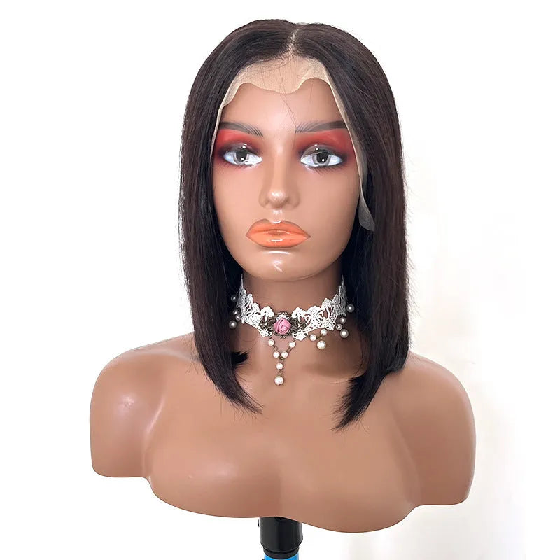 Real human hair silk wig in 1B natural black, 16 inch length, on stand