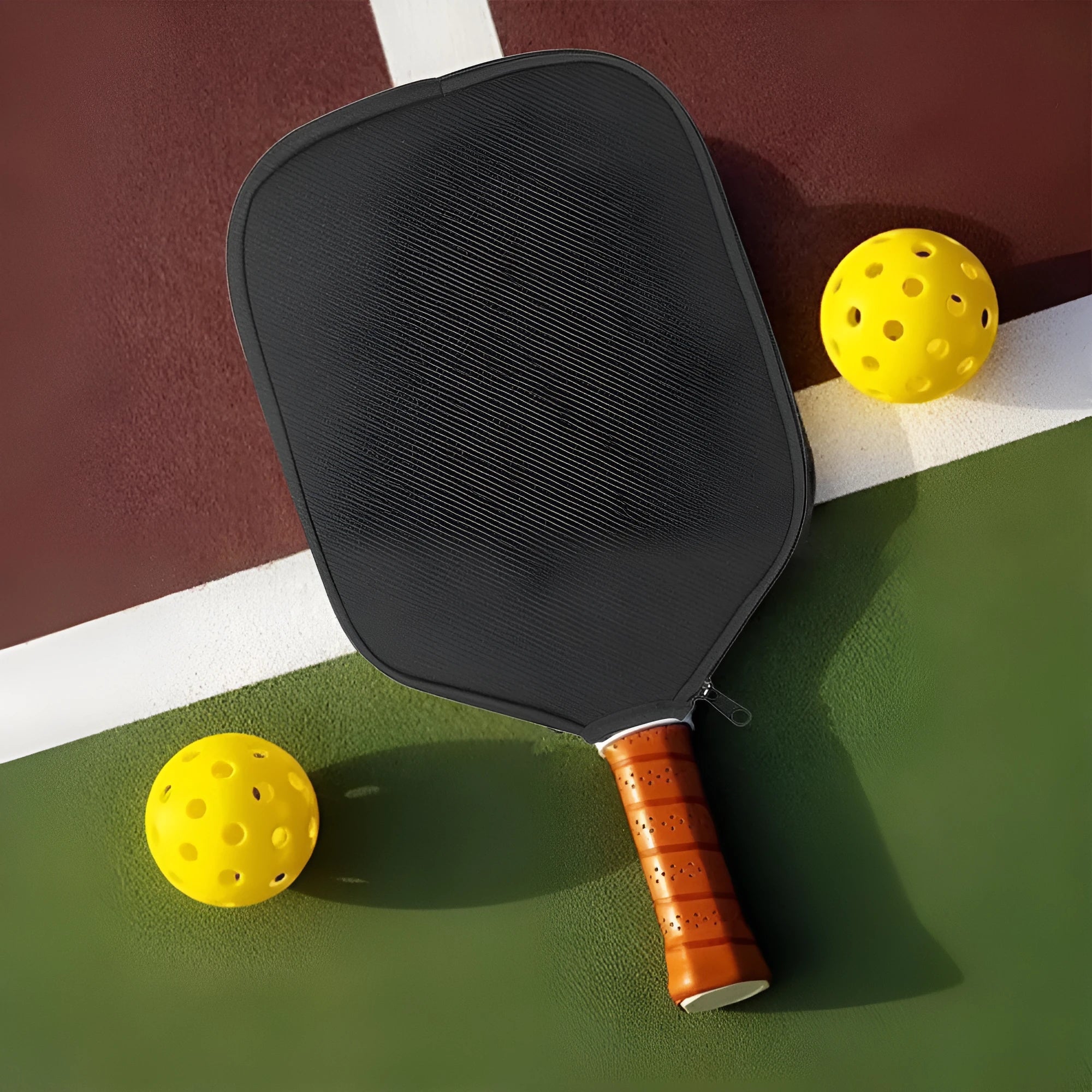 Black neoprene protective sleeve for a table tennis racket on a grey background.