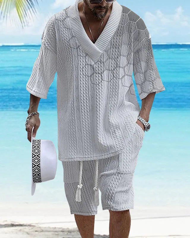 Men's printed knitted shorts suit with drop-shoulder short-sleeve top and matching shorts in chemical fibre blend fabric