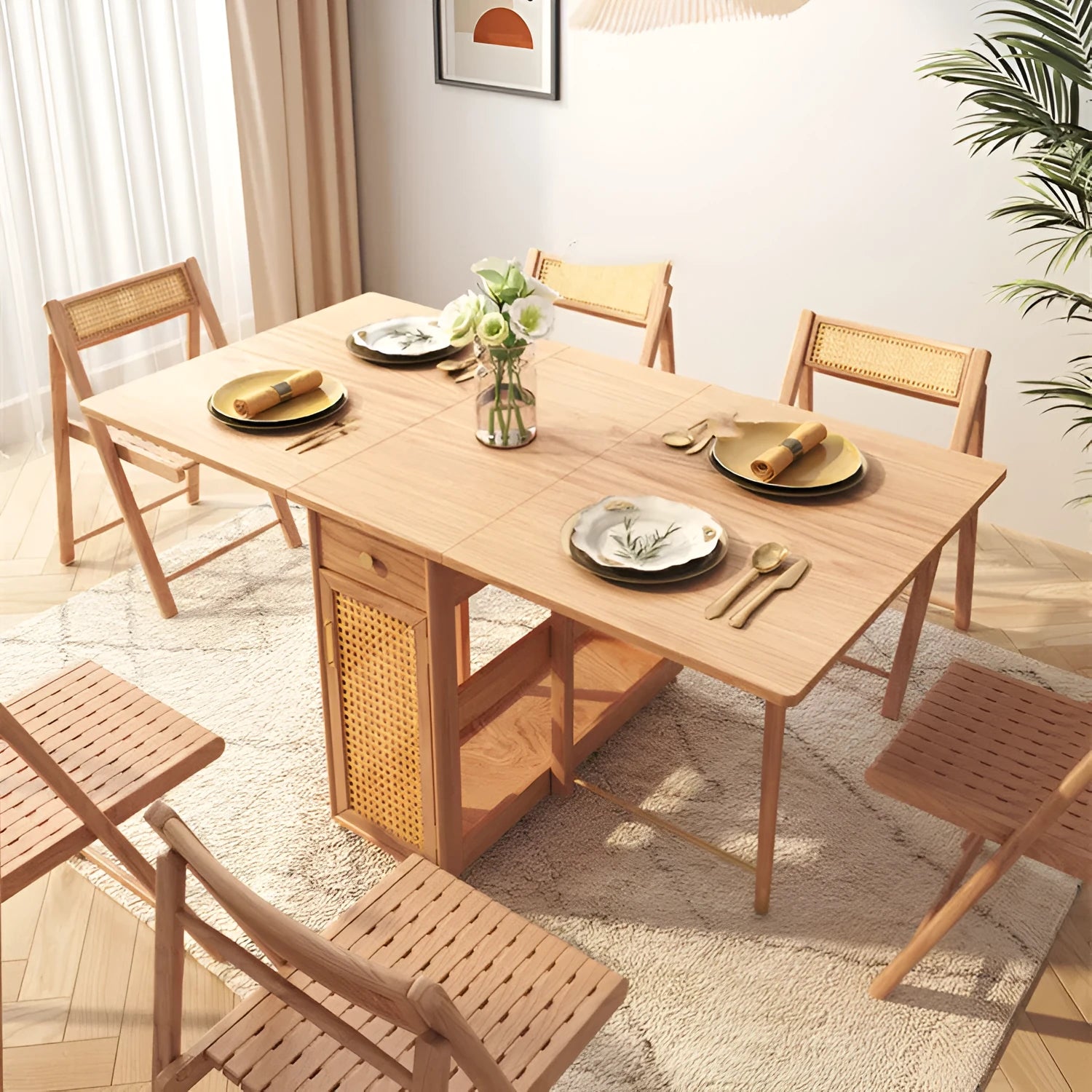 Wooden folding dining table with rattan log finish in natural wood colour, 1.45m or 1.57m option