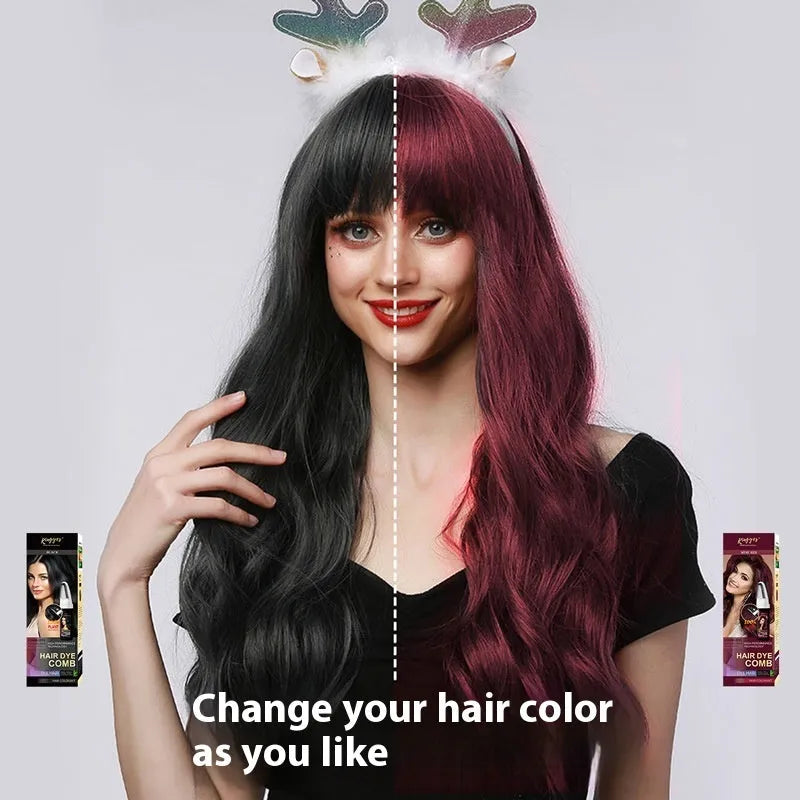 Easy Coloring Comb hair dye bottle with attached applicator brush in Brown, Wine Red, and Dark Brown options