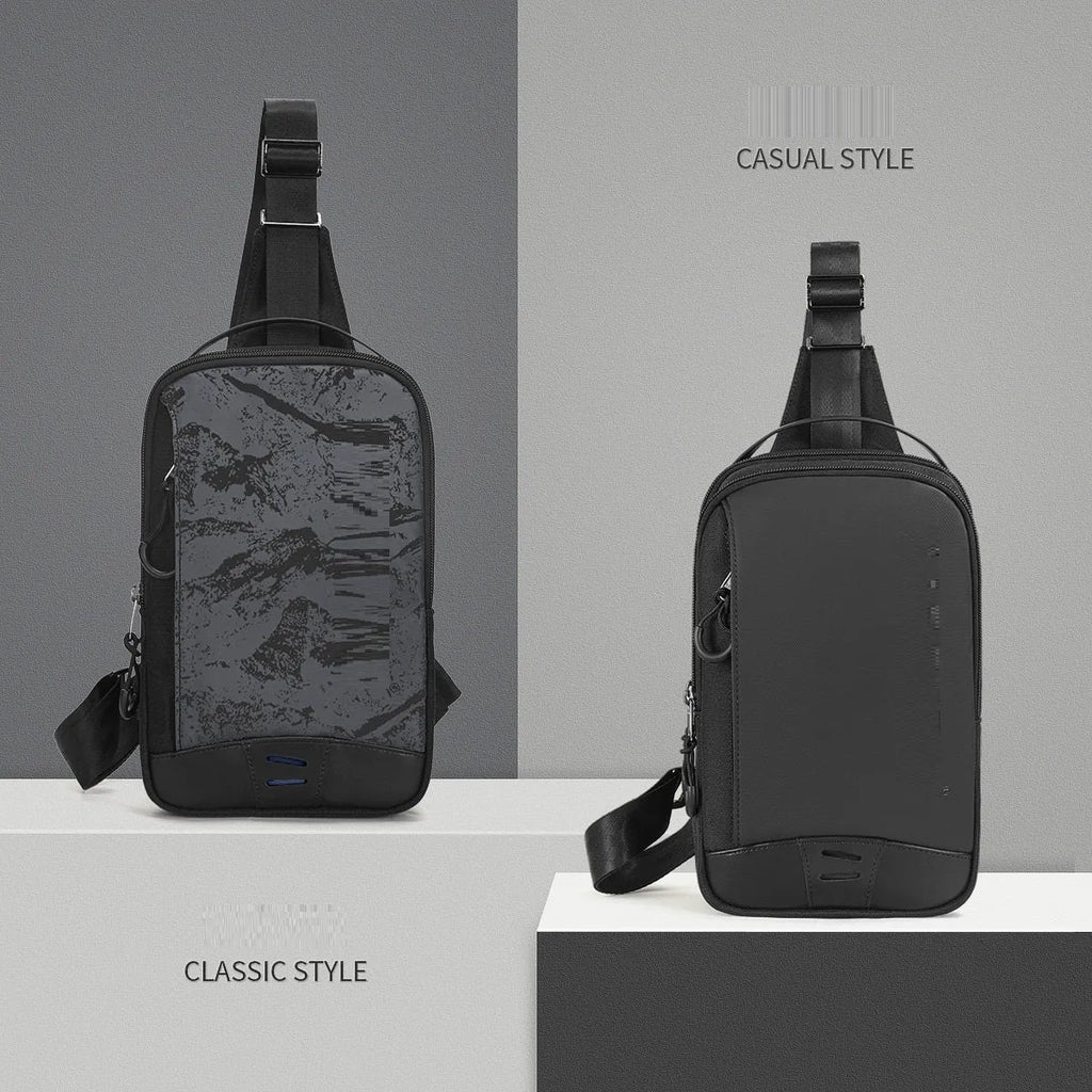 Casual black TPU chest pack with a single shoulder strap, shown in a square vertical shape with a landscape pattern.