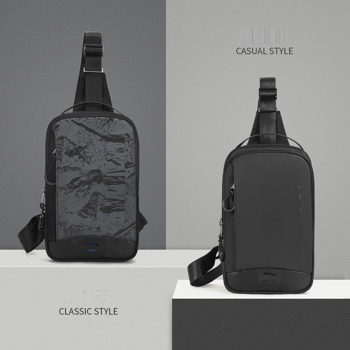 Casual black TPU chest pack with a single shoulder strap, shown in a square vertical shape with a landscape pattern.