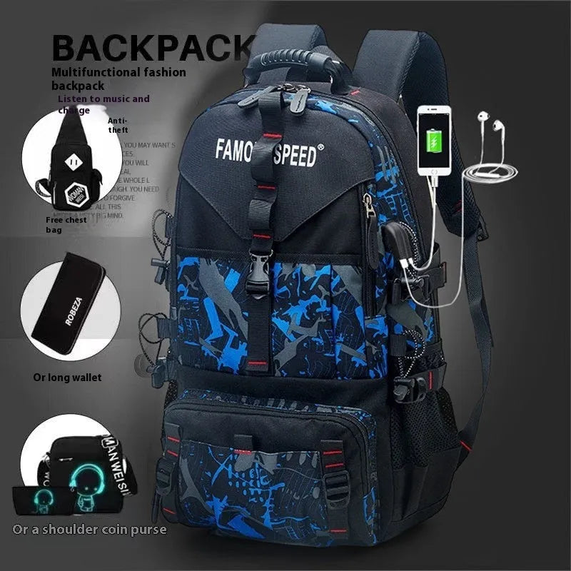 Men's large waterproof Oxford cloth hiking backpack in multiple colour options on a neutral background.