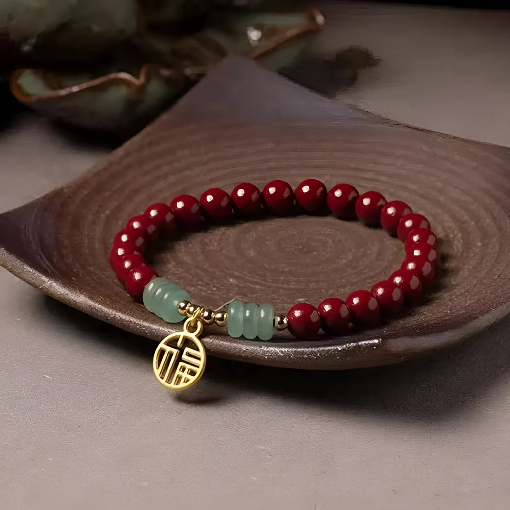 Handmade cinnabar and copper bracelet with wave shape design in national style