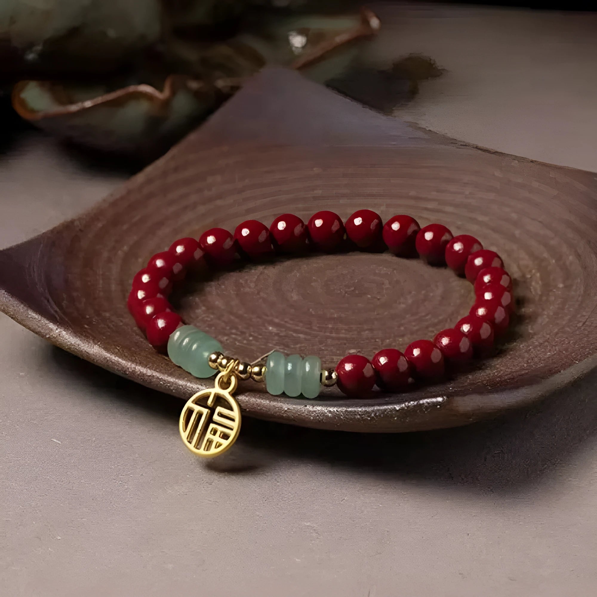 Handmade cinnabar and copper bracelet with wave shape design in national style
