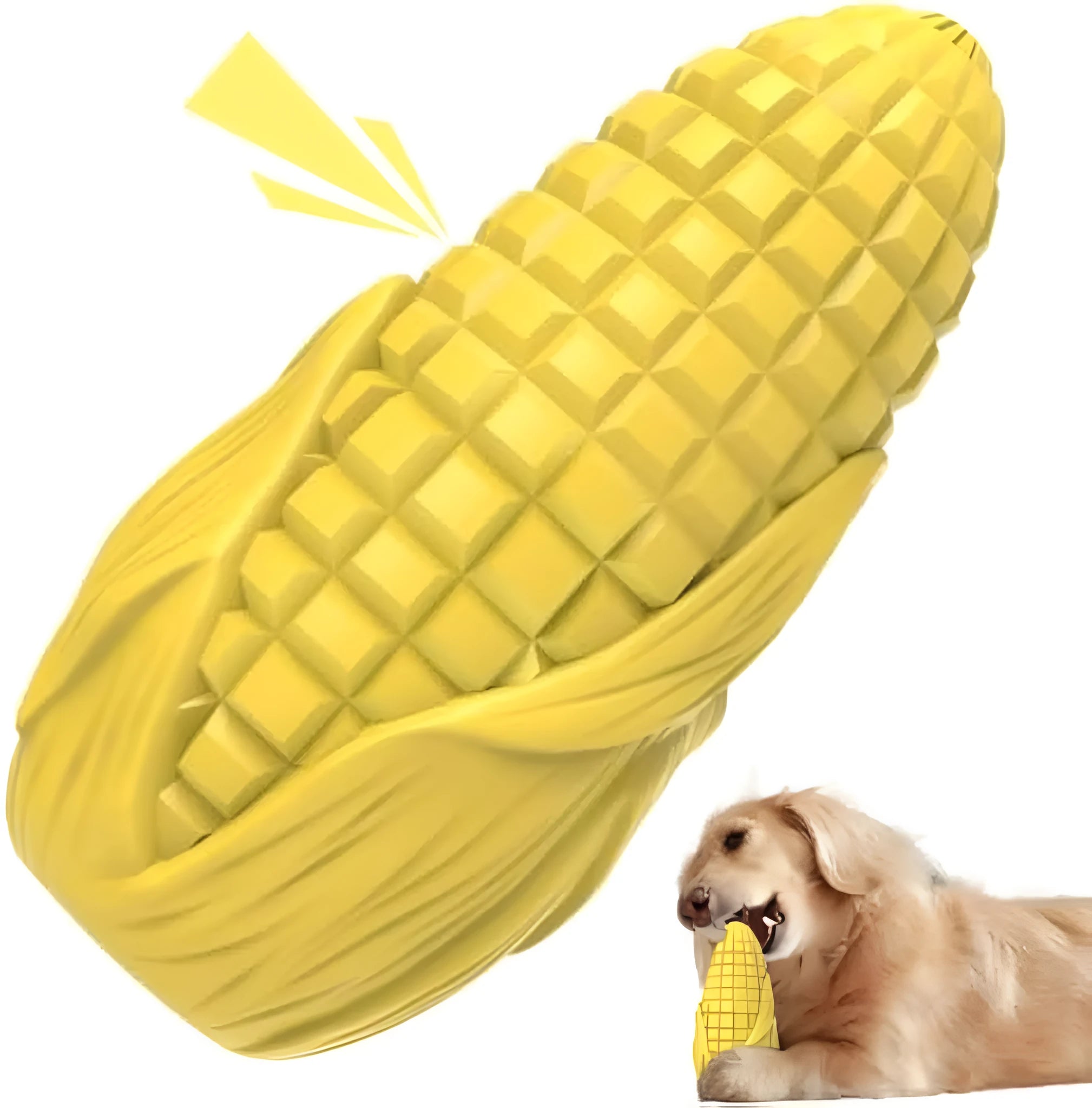 Blue corn-shaped dog chew toy with surface grooves and squeaker for medium large breed aggressive chewers