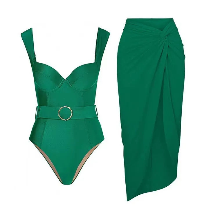 Women's one-piece swimsuit with a gauze skirt, showing double shoulder and oblique shoulder strap style options.