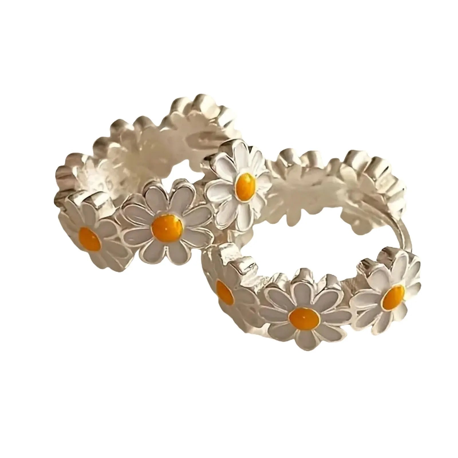 White daisy flower ring earrings with electroplated finish and platinum gem accents on copper