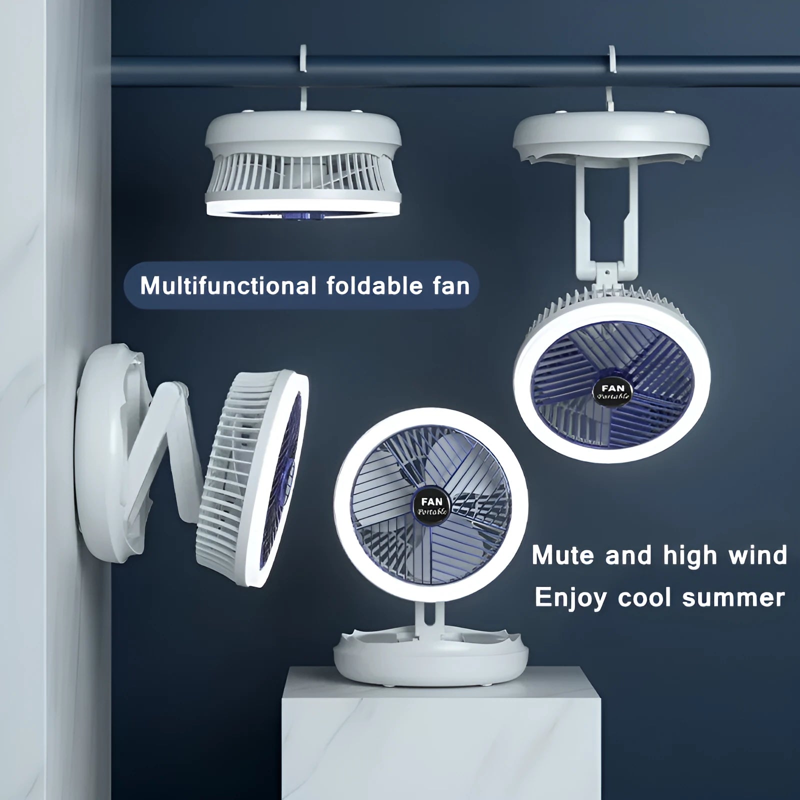 Blue or grey USB charging foldable desk fan with LED light showing wall mounting and desk use