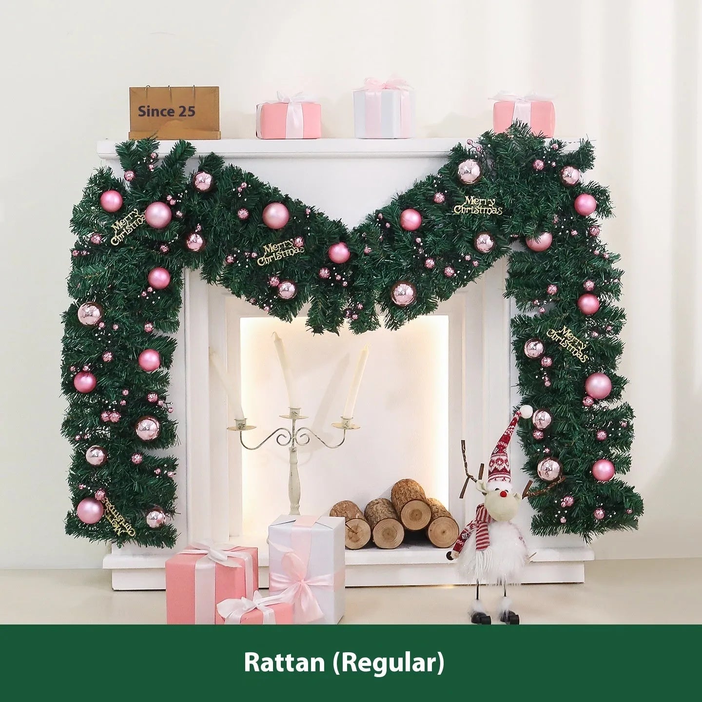 Pink Korean-style Christmas rattan garland decoration measuring 2.7 metres long with small fruit details.