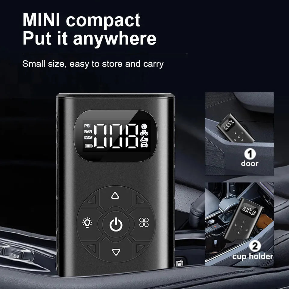Black M09X portable power bank tyre inflator with 16cm tube next to car and motorcycle tyres