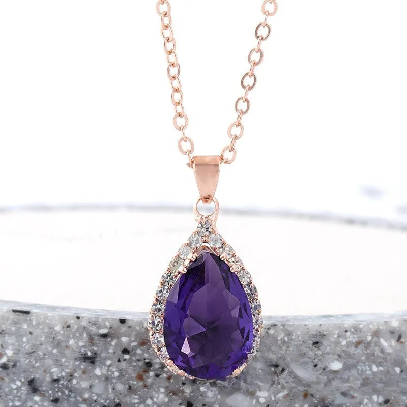 Rose gold geometric drop shape necklace with rhinestones in pink colour option