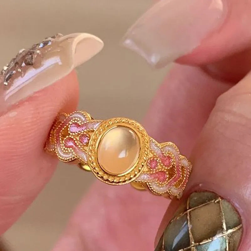 Pink crystal enamel geometric open mouth ring for women with adjustable sizing