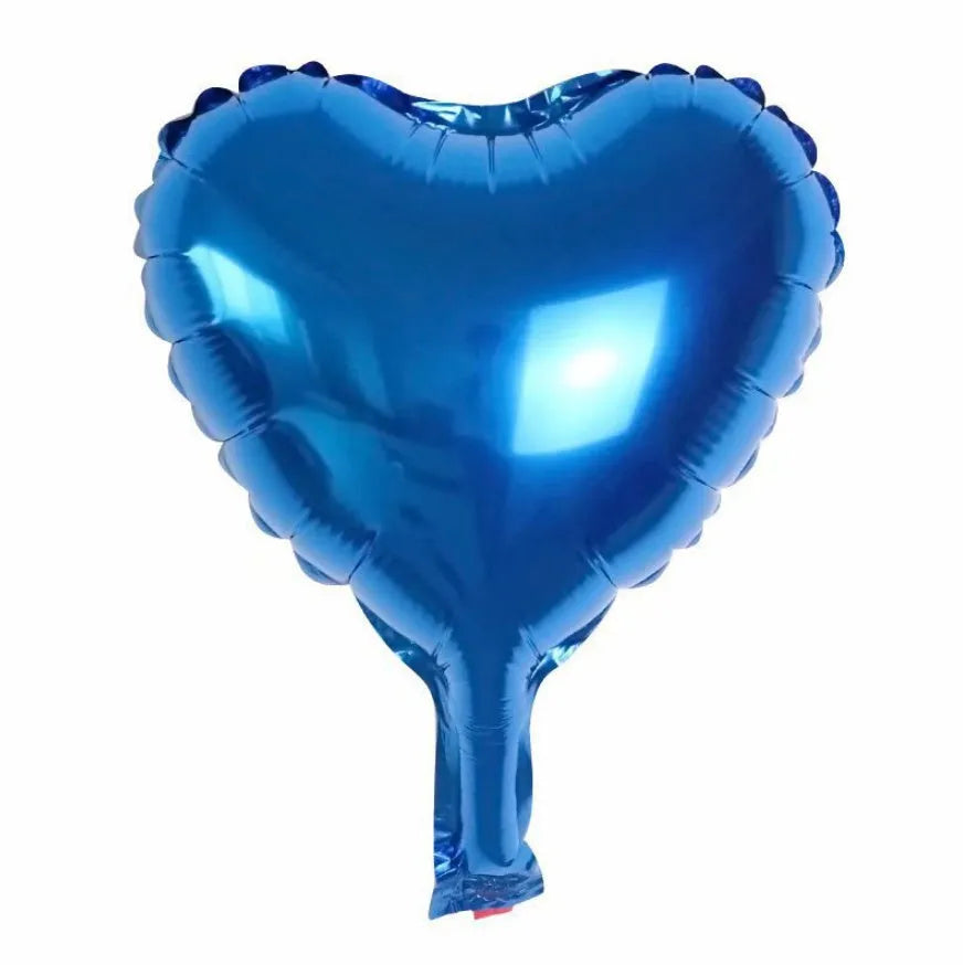 Set of five metallic peach heart shaped aluminium foil balloons in red, blue, and silver colours.