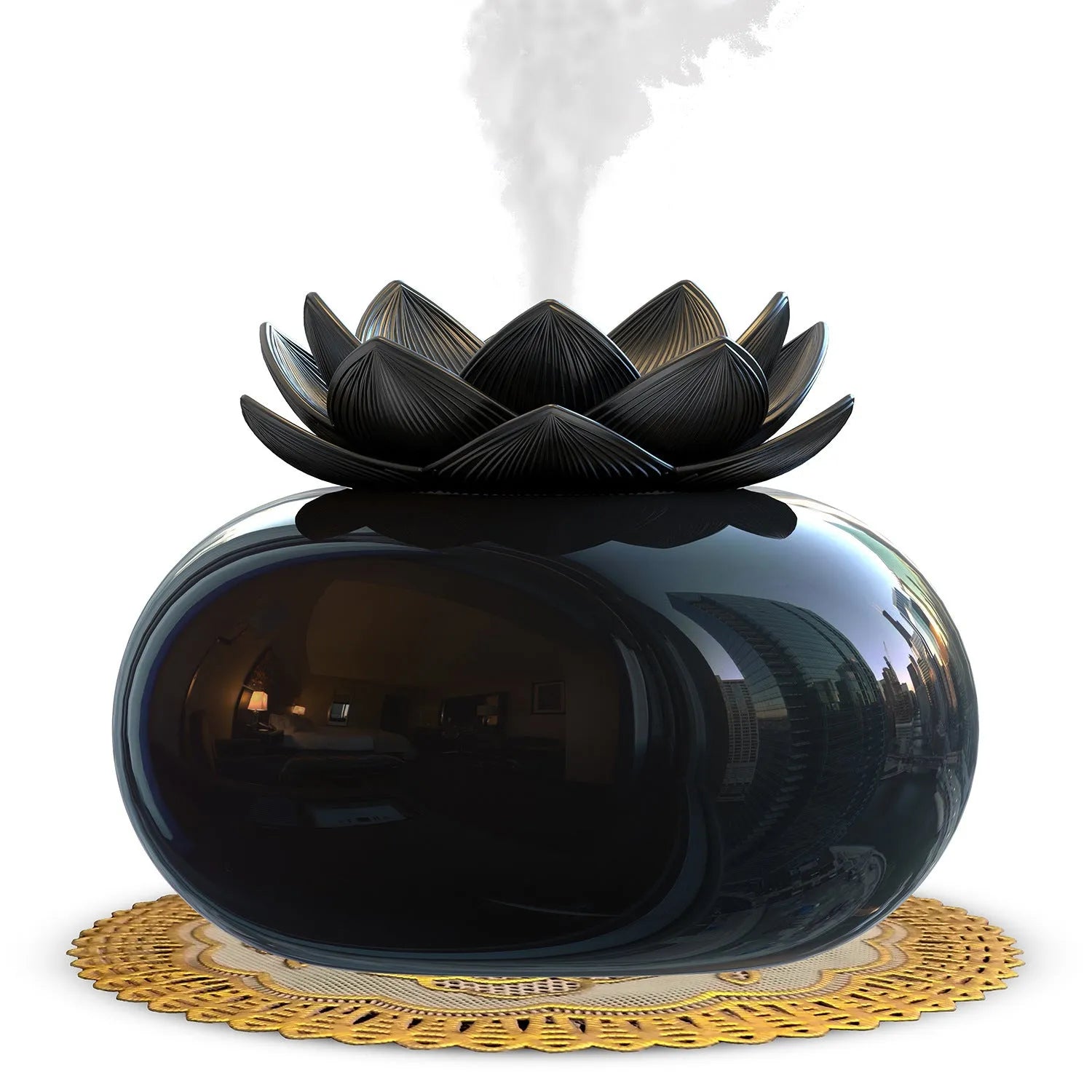 Pure black Lotus ultrasonic aromatherapy humidifier with USB cable and round design.