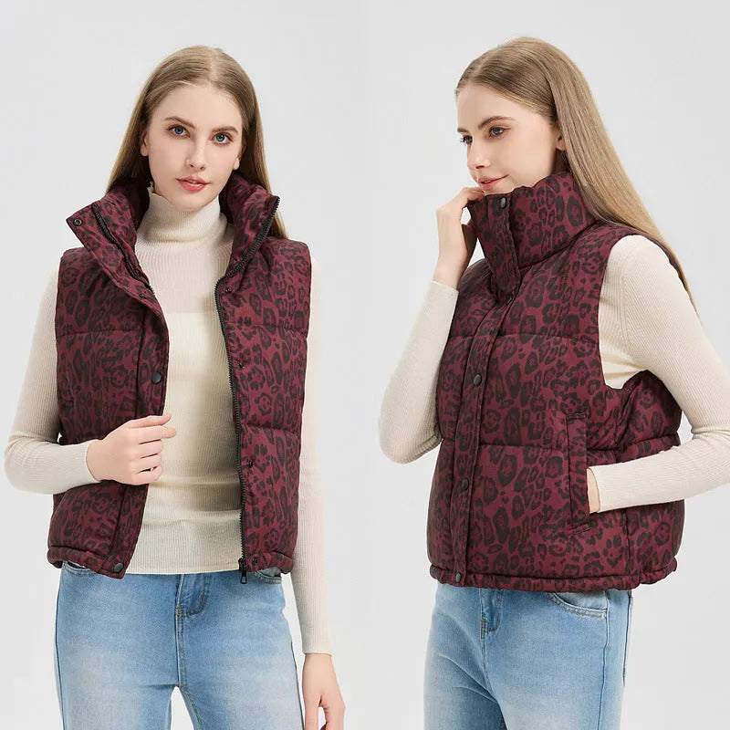 Leopard print stand collar loose fit vest for women in khaki with pockets and thick polyester fabric