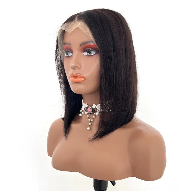 Real human hair silk wig in 1B natural black, 16 inch length, on stand