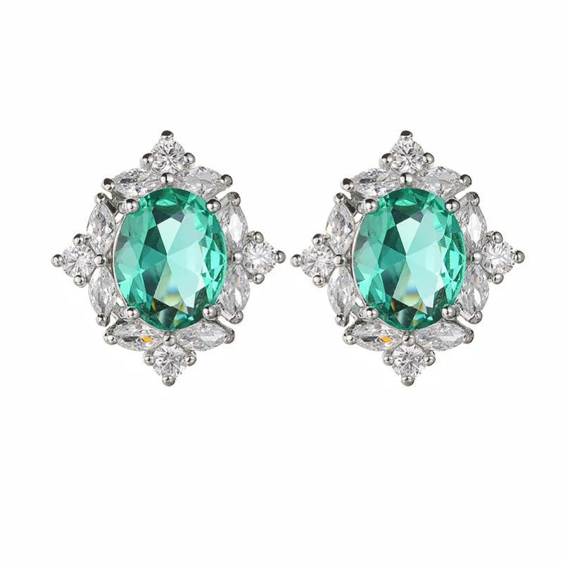 Retro copper oval clip-on earrings with green coloured gem and zircon inlay