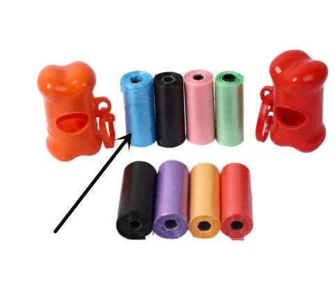 Roll of multi-coloured dog waste bags showing black, blue, green, and pink examples