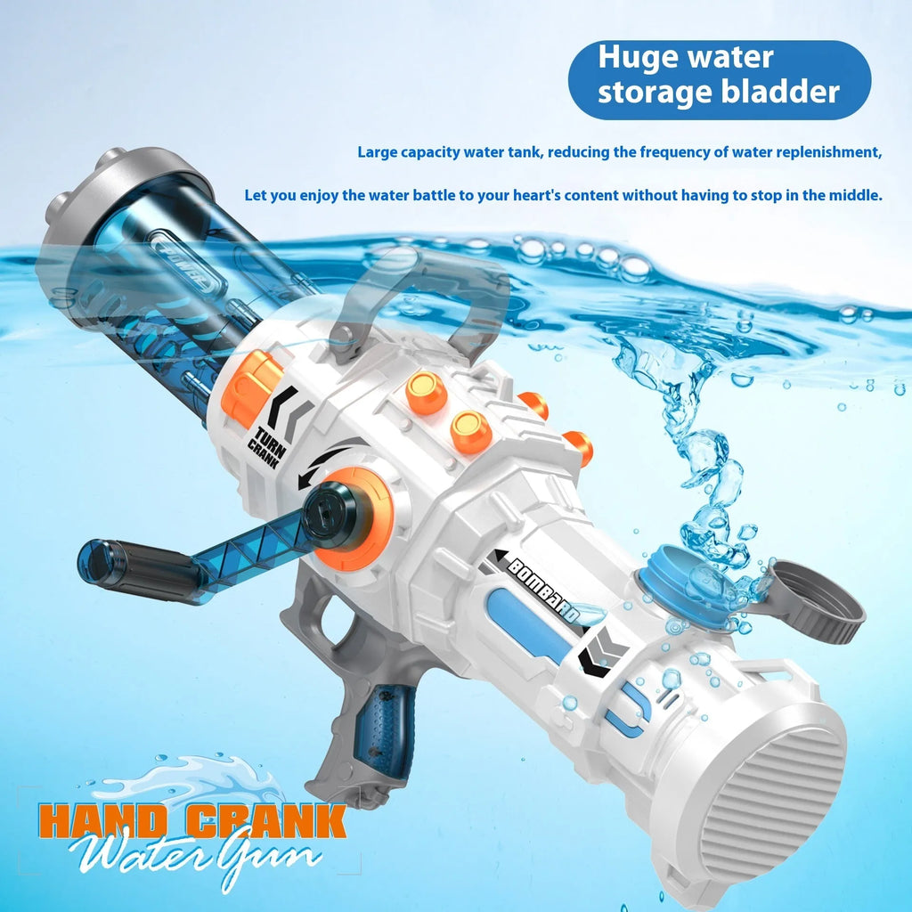 Hand-cranking gatling water gun with 1000ML capacity in blue and white plastic