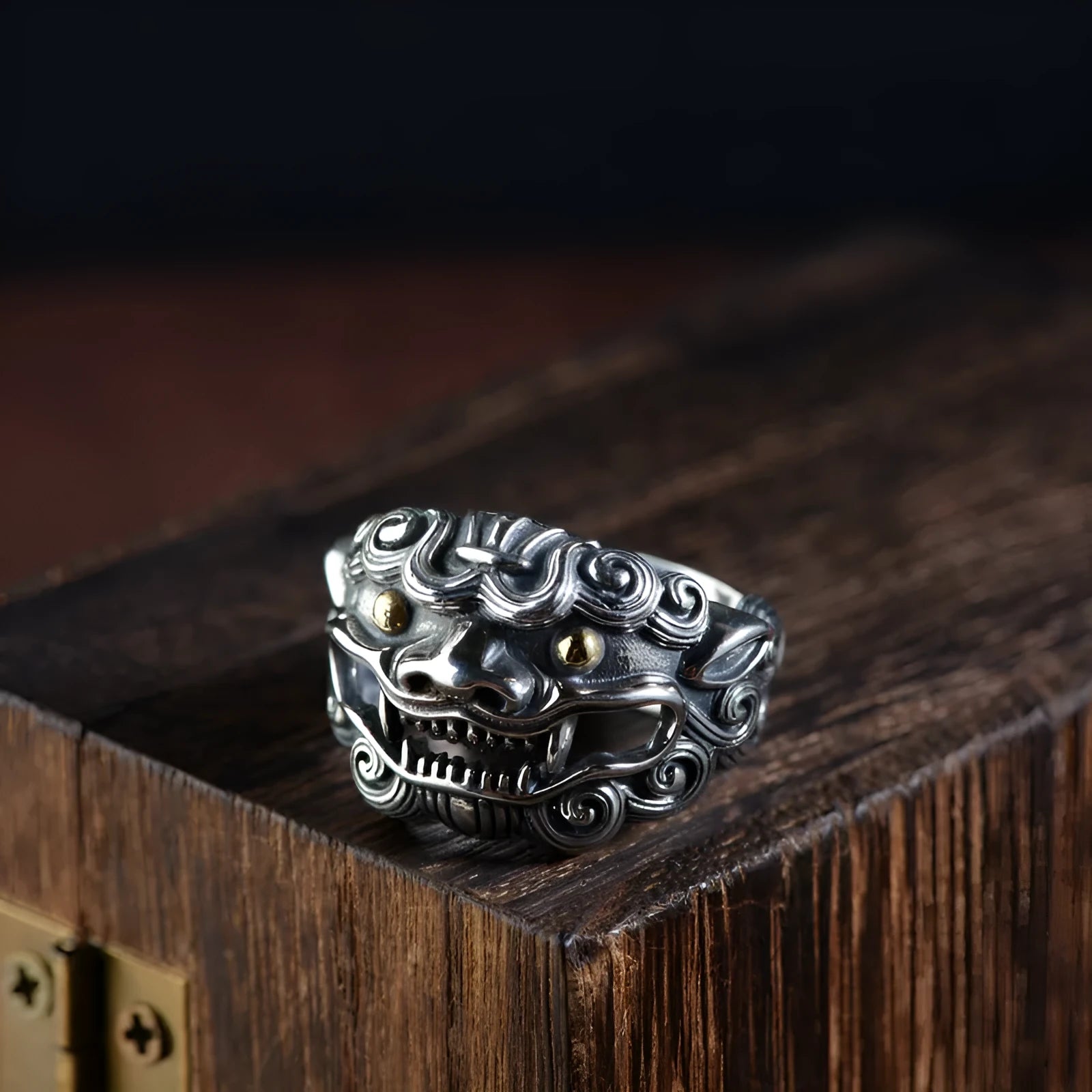 Silver open ring with detailed Jibeast pattern showing animal and zodiac modelling in retro style