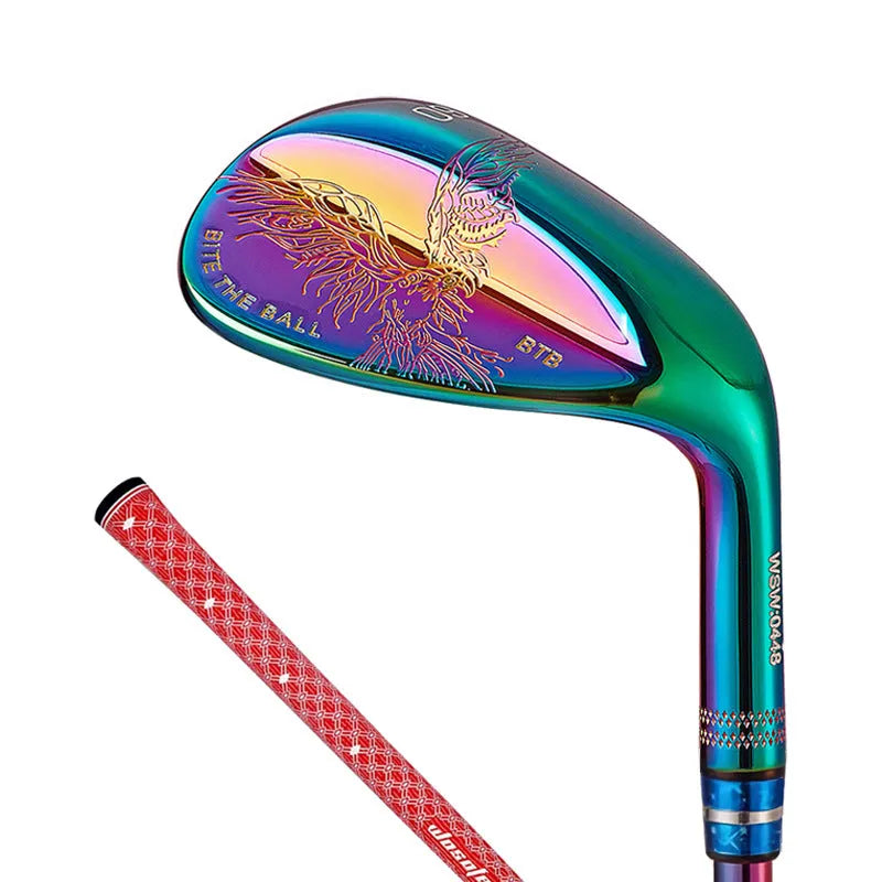 Forged golf wedge with blue electroplated head and CNC groove pattern on striking face