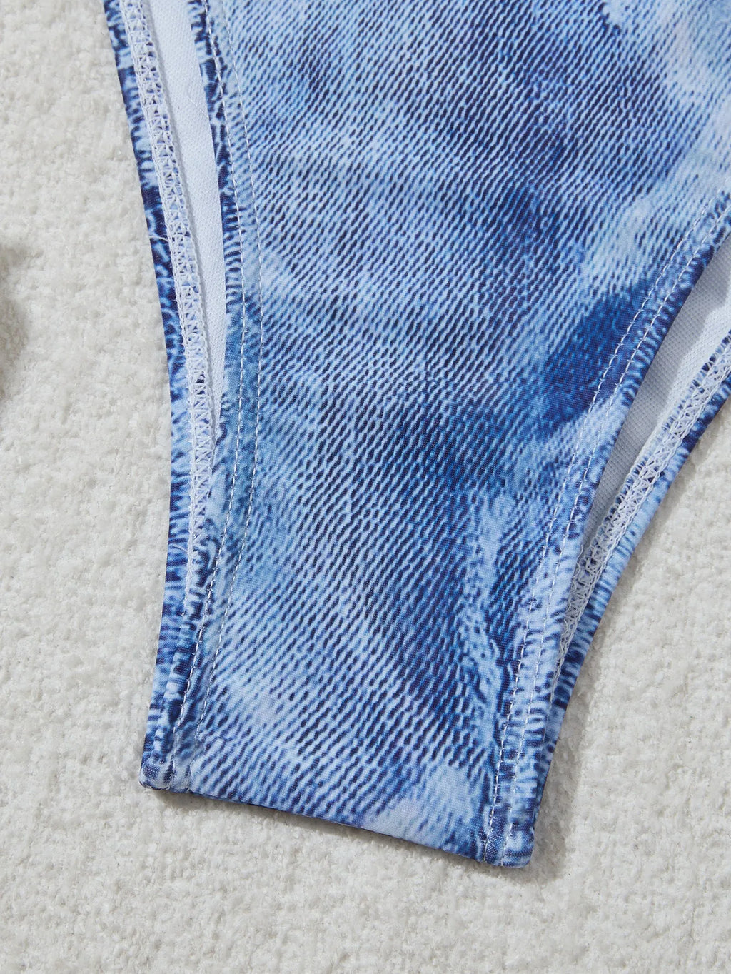 Women's denim blue printed halter neck bikini set with adjustable side-tie briefs