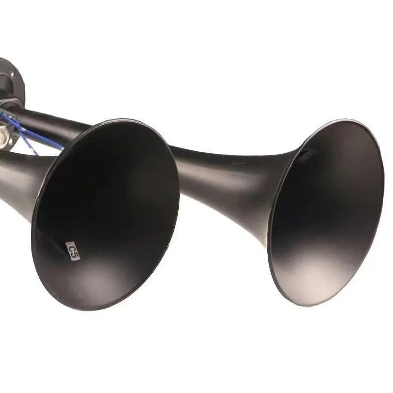 Black universal dual trumpet 12V 24V 300DB air horn compressor kit for vehicles