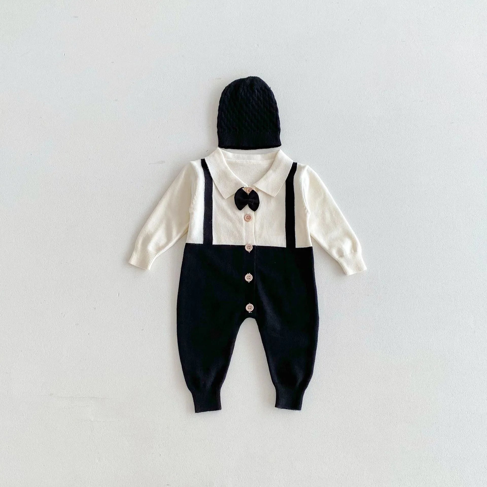 Infant lapel gentleman tie false two-piece suit in grey, brown, black, core-spun yarn fabric, long sleeve unisex baby romper for 66-90cm height