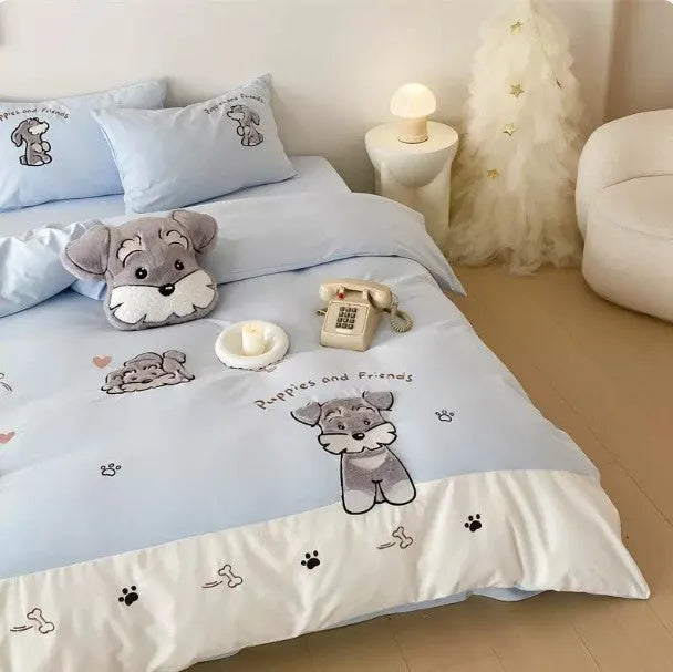 Cute Schnauzer embroidered cartoon design on thickened cotton duvet cover and pillowcases bedding set